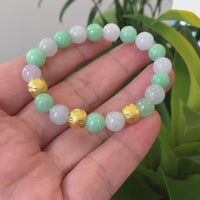 24K Pure Yellow Gold Star Beads With Genuine Green Jade Round Beads Bracelet ( 9 mm )