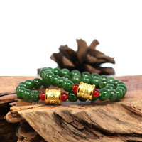 Baikalla Jewelry jade beads bracelet 6.5 inches 24K Pure Yellow Gold Buddha Symbol Tongtong With Genuine Green Jade Round Beads Bracelet Bangle ( 8 mm )