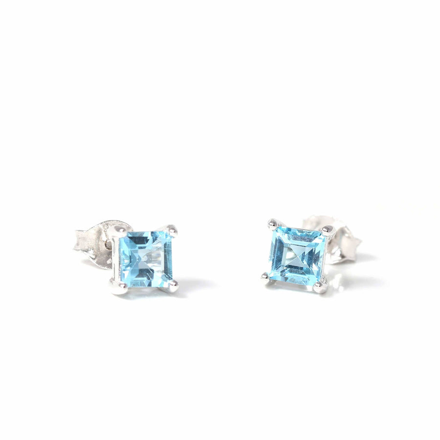 Baikalla Jewelry Silver Gemstones Earrings Baikalla™ Classic Sterling Silver Natural Swiss Blue Princess Cut Topaz Stud Earrings