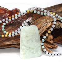 Baikalla Jewelry Nephrite Jade Necklace Natural White Nephrite Jade Double Dragon Pendant Necklace ( Carved Art )