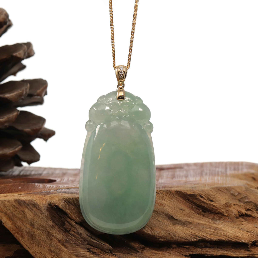 Baikalla Jewelry Jade Pendant Copy of Baikalla Natural Green Jadeite Jade Shou Tao ( Longevity Peach ) Necklace With 14k Yellow Gold VS1 Diamond Bail