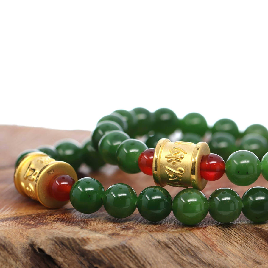 Baikalla Jewelry jade beads bracelet 24K Pure Yellow Gold Buddha Symbol Tongtong With Genuine Green Jade Round Beads Bracelet Bangle ( 8 mm )
