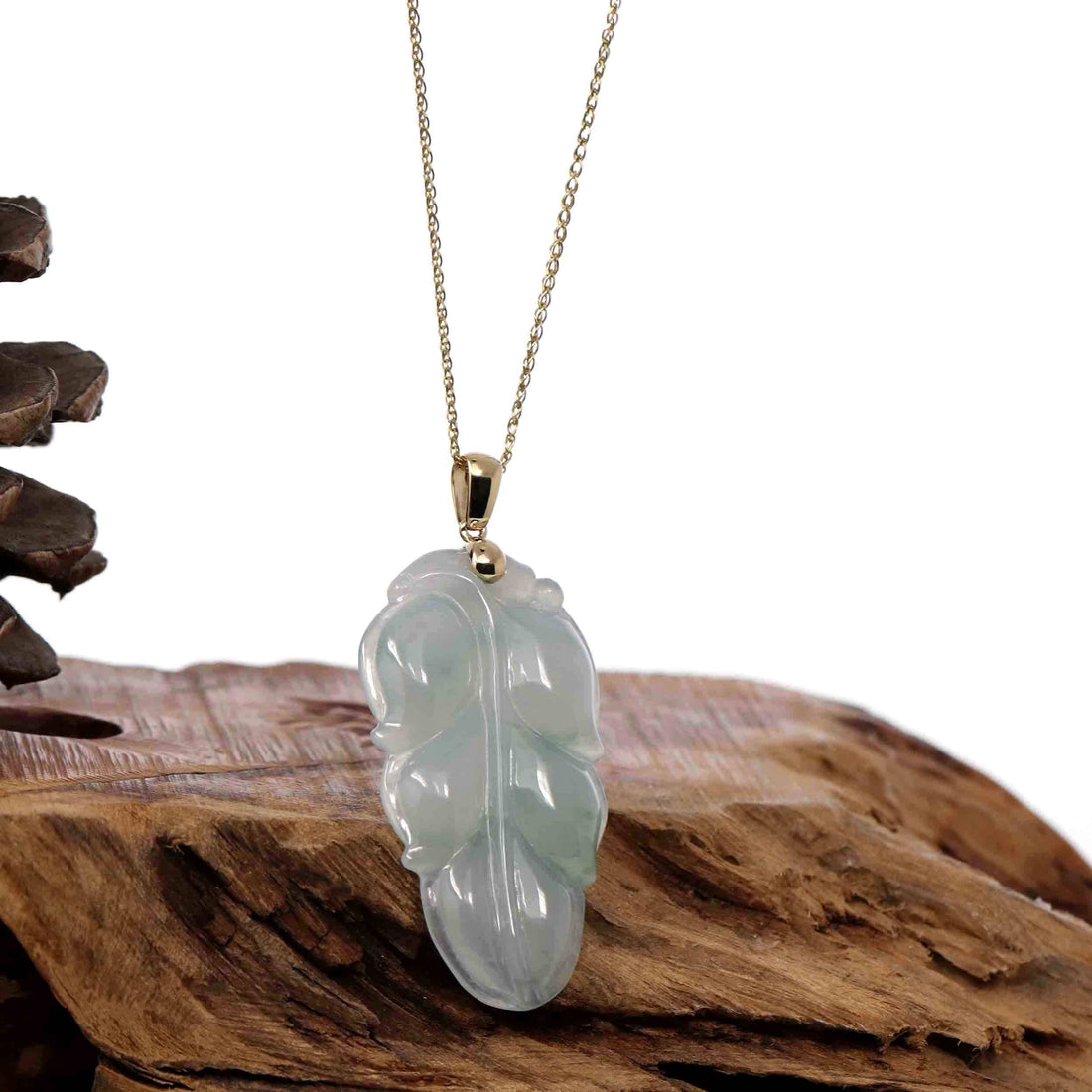 Baikalla Jewelry Jade Guanyin Pendant Necklace Copy of Copy of Copy of Genuine Ice Green Jadeite Jade Jin Zhi Yu Ye (Leaf) Necklace With White Gold Bail
