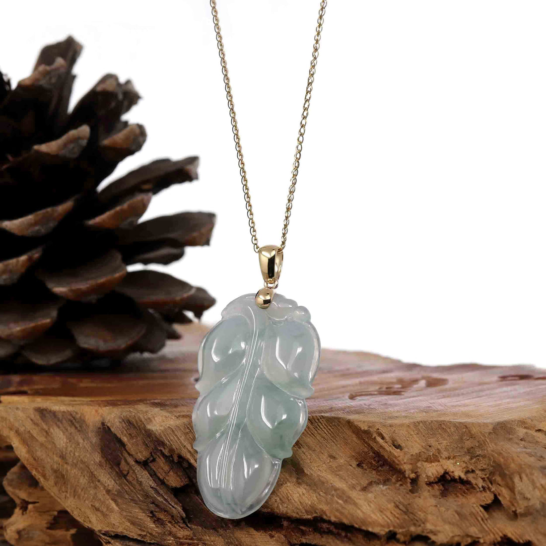 Baikalla Jewelry Jade Guanyin Pendant Necklace Copy of Copy of Copy of Genuine Ice Green Jadeite Jade Jin Zhi Yu Ye (Leaf) Necklace With White Gold Bail