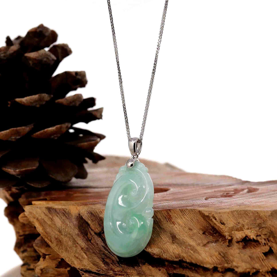 Baikalla Jewelry Jade Pendant Copy of Natural Green Jadeite Jade Ru Yi Necklace With 14k White Gold Bail