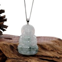 Baikalla Jewelry Jade Guanyin Pendant Necklace Copy of Copy of Baikalla "Goddess of Compassion" Genuine Burmese Ice Blue Jadeite Jade Guanyin Necklace With Good Luck Design 14K Gold  Bail