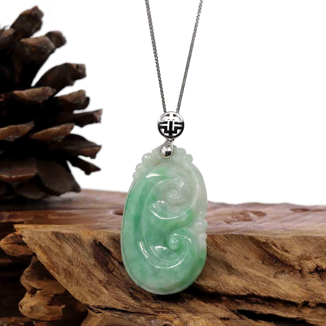 Baikalla Jewelry Jade Pendant Copy of Copy of Natural Green Jadeite Jade Ru Yi Necklace With 14k White Gold Bail