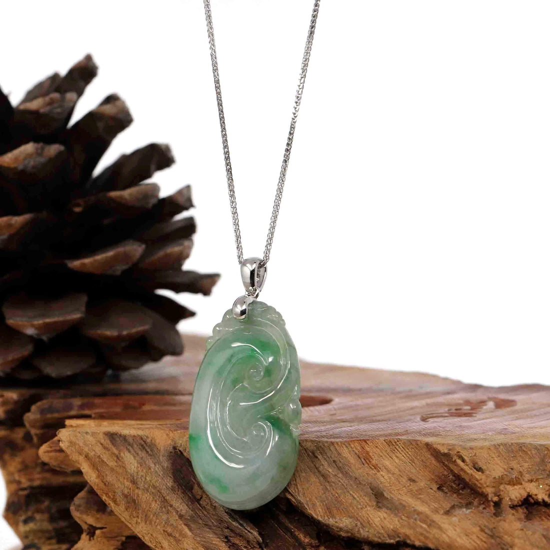 Baikalla Jewelry Jade Pendant Copy of Copy of Copy of Natural Green Jadeite Jade Ru Yi Necklace With 14k White Gold Bail