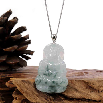 Baikalla Jewelry Jade Guanyin Pendant Necklace Copy of Copy of Copy of Copy of Baikalla "Goddess of Compassion" Genuine Burmese Ice Blue Jadeite Jade Guanyin Necklace With Good Luck Design 14K Gold  Bail