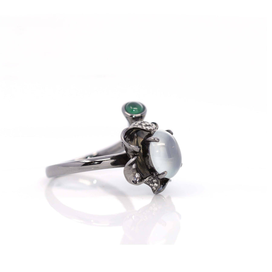 Baikalla Jewelry 18k Gold Engagment Ring Baikalla™ "Flower" 18k Black Gold Natural Ice Jadeite Jade Engagement Ring