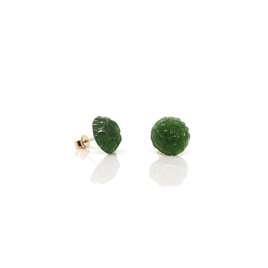 Baikalla Jewelry Gold Jade Earrings Baikalla™ "Peony Flowers" 18k Solid Gold Real Green Jade Peony Flower Earrings