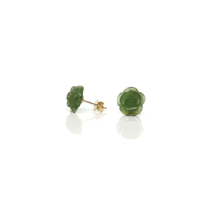 Baikalla Jewelry Gold Jade Earrings Copy of Baikalla™ "Rose Flowers" 14k Solid Gold High-end Real Green Jade Rose Flower Earrings