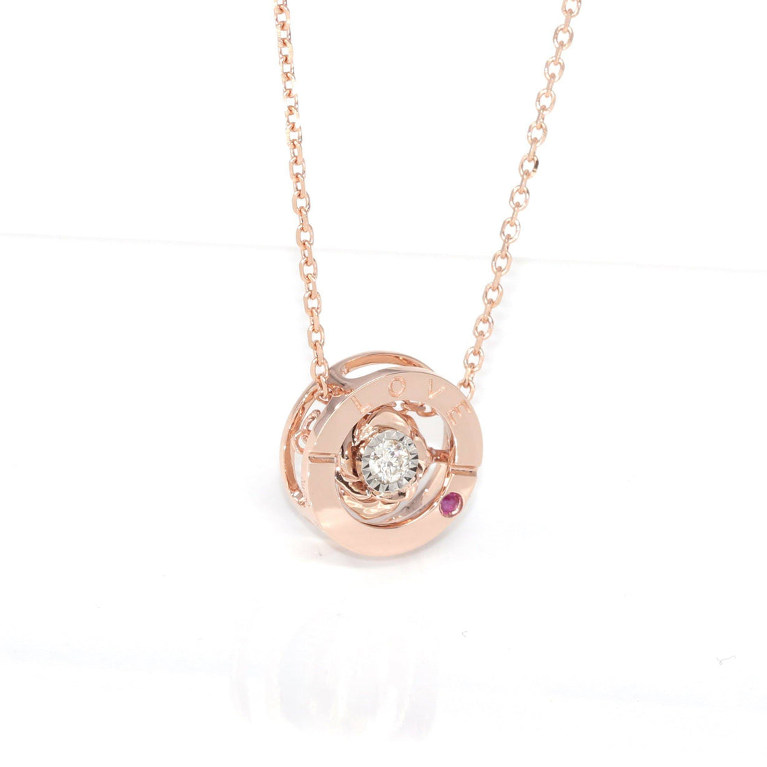 Baikalla Jewelry Baikalla™ Love Collection 18K Rose Gold Genuine Red Ruby & Diamond Round Rose Flower Love Necklace