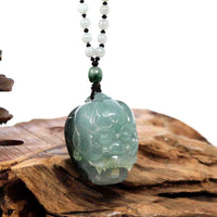 Baikalla Jewelry Jade Carving Necklace Baikalla™ Demon Hunter" (Zhong Kui) Natural Jadeite Dark Green to Deep Blue Jade Necklace, Collector's piece