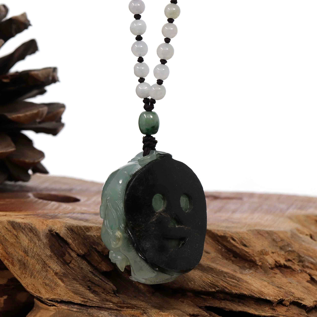 Baikalla Jewelry Jade Carving Necklace Baikalla™ The Demon Hunter" (Zhong Kui) Natural Jadeite Dark Green to Deep Blue Jade Necklace, Collector's piece