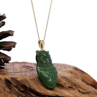 Baikalla Jewelry God Jadeite Jade Necklace Baikalla Genuine Green Nephrite Jade Lucky Owl Pendant Necklace With 14k Yellow Gold Bail