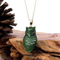 Baikalla Jewelry God Jadeite Jade Necklace Baikalla Genuine Green Nephrite Jade Lucky Owl Pendant Necklace With 14k Yellow Gold Bail