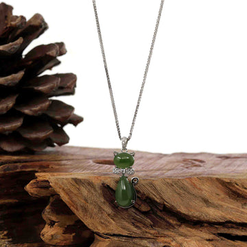 Baikalla Jewelry Silver Gemstone Necklace Baikalla™ "Lucky Kitten" Sterling Silver Genuine Nephrite Green Jade Cat Pendant
