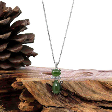Baikalla Jewelry Silver Gemstone Necklace Baikalla™ "Lucky Kitten" Sterling Silver Genuine Nephrite Green Jade Cat Pendant Necklace