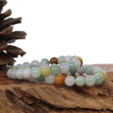 Baikalla Jewelry jade beads bracelet 6.5 inches Genuine Jadeite Jade Round Multiple Colors Beads Bracelet ( 8 mm)