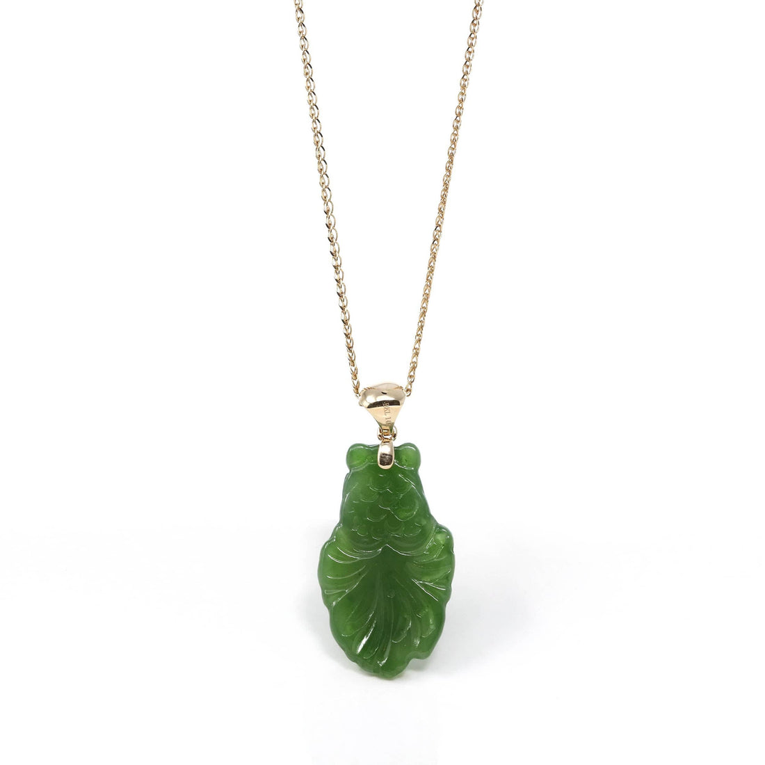 Baikalla Jewelry Gold Jade Necklace Baikalla™ : " Gold Fish " 18k Yellow Gold Genuine Nephrite Green Jade Pendant Necklace