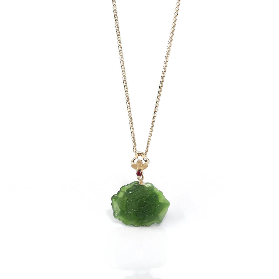Baikalla Jewelry Gold Jade Necklace Pendant Only / 14K Yellow Gold Baikalla™ : " Peony Flower " 18k Yellow Gold Genuine Nephrite Green Jade Pendant Necklace