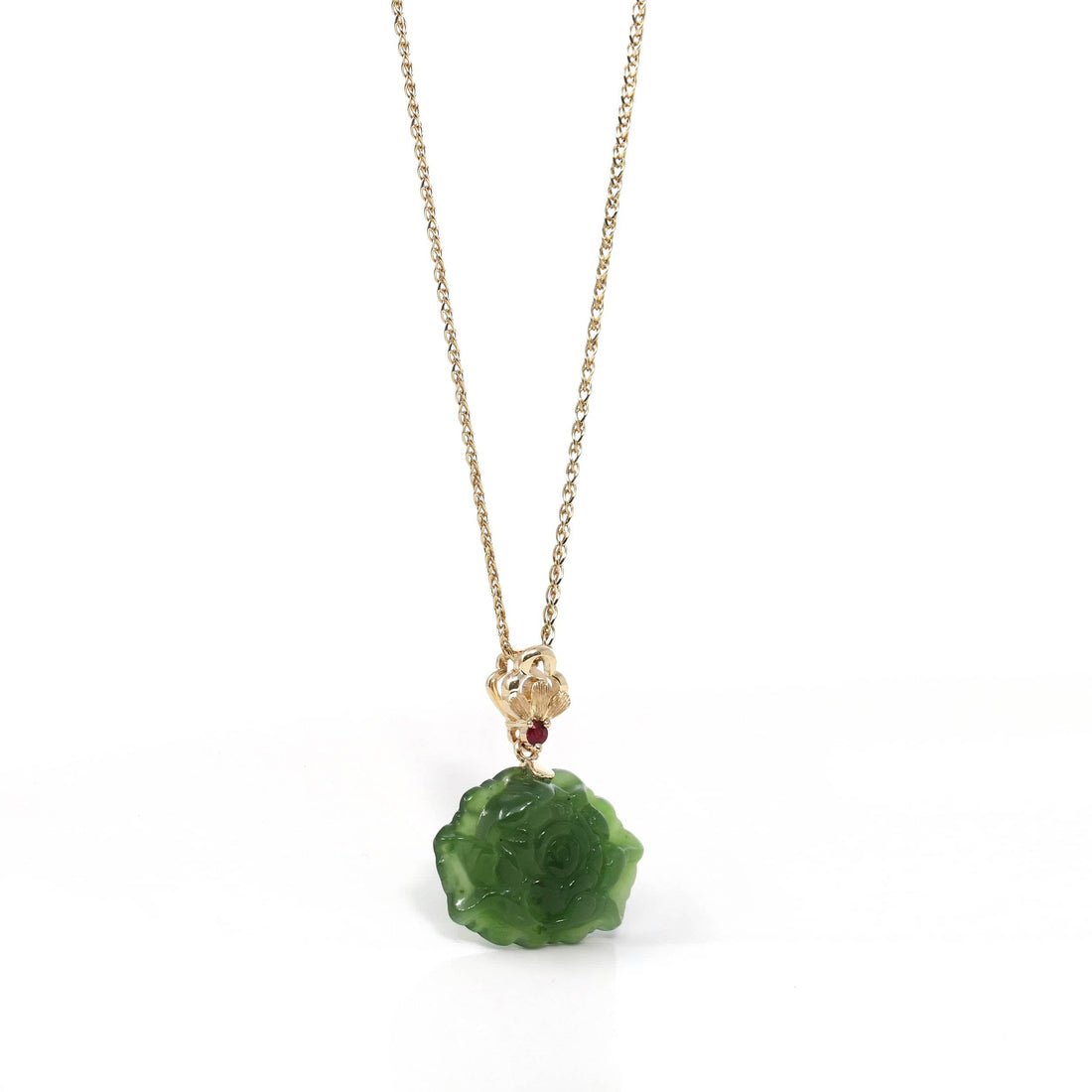 Baikalla Jewelry Gold Jade Necklace Baikalla™ : " Peony Flower " 18k Yellow Gold Genuine Nephrite Green Jade Pendant Necklace
