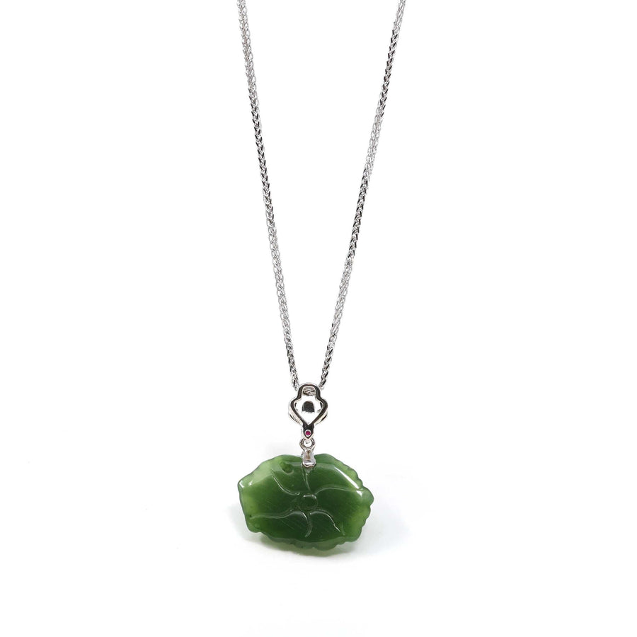 Baikalla Jewelry Gold Jade Necklace Baikalla™ : " Peony Flower " 18k Yellow Gold Genuine Nephrite Green Jade Pendant Necklace
