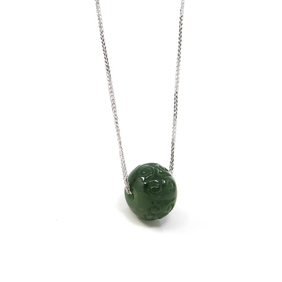 Baikalla Jewelry Jade Pendant Necklace Nephrite Green Jade Bead Pendant Necklace With Lucky Pattern