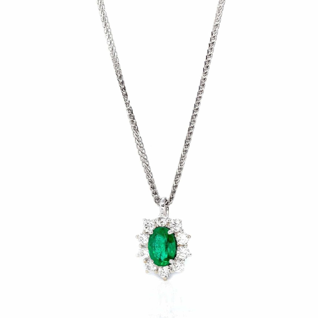 Baikalla Jewelry Gemstone Pendant Necklace Baikalla™ 18k White Gold AAA Emerald Round 4 Prong Set Necklace With Diamond