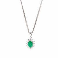 Baikalla Jewelry Gemstone Pendant Necklace Baikalla™ 18k White Gold AAA Emerald Round 4 Prong Set Necklace With VS1 Diamond Halo
