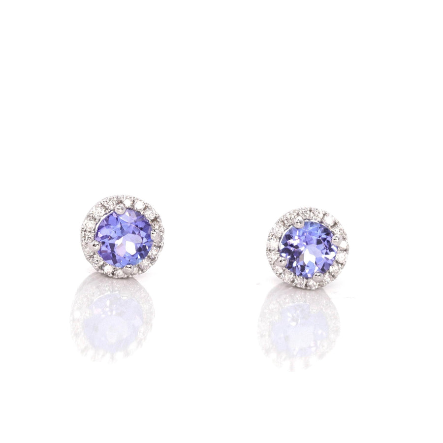 Baikalla Jewelry Gold Gemstone Earrings Baikalla 14k Classic White Gold Natural Round 1 CTTW Tanzanite Earrings w/Diamond Halo