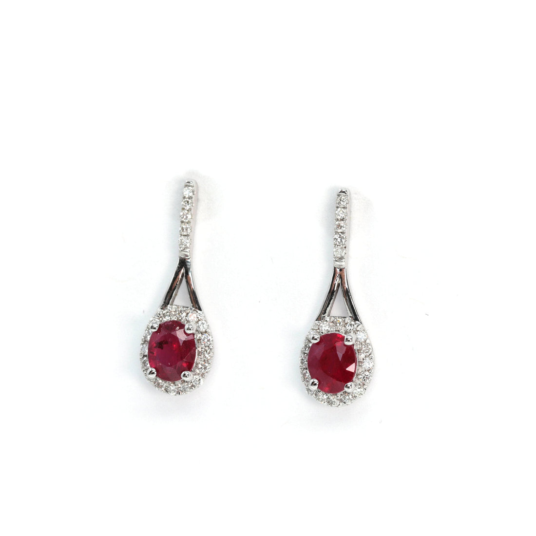Baikalla Jewelry Gold Gemstone Earrings Baikalla 14k Classic White Gold Natural Ruby Teardrop Earrings w/Diamond Halo