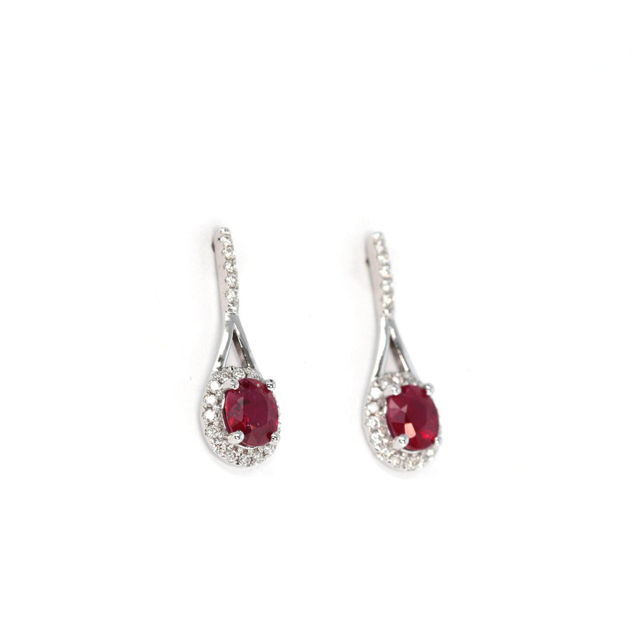 Baikalla Jewelry Gold Gemstone Earrings Baikalla 14k Classic White Gold Natural Ruby Teardrop Earrings w/Diamond Halo