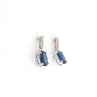 Baikalla Jewelry Gold Gemstone Earrings Baikalla™ 14k Classic White Gold Natural AA sapphire Oval Dangle Earrings w/Diamond Halo