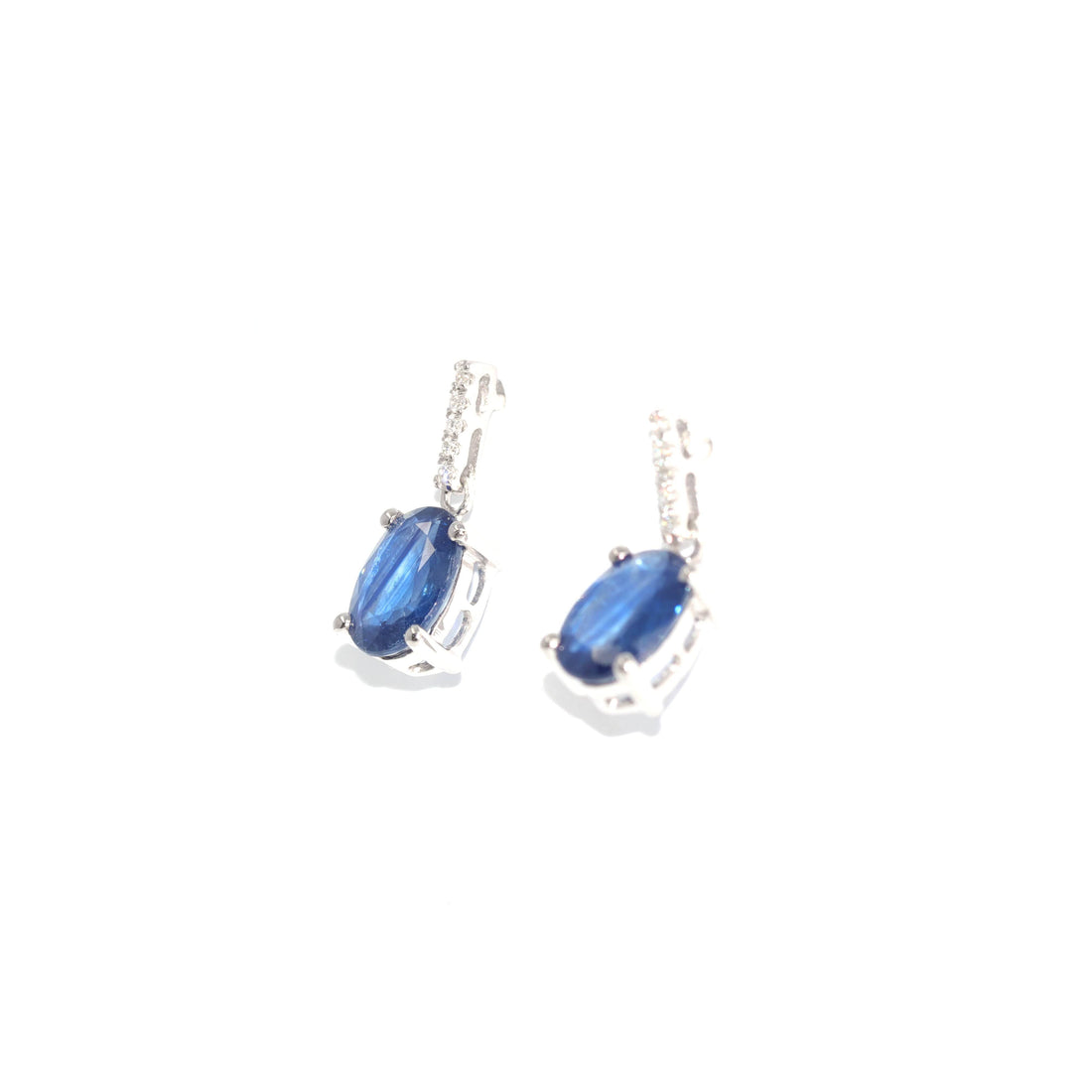 Baikalla Jewelry Gold Gemstone Earrings Baikalla™ 14k Classic White Gold Natural AA sapphire Oval Dangle Earrings w/Diamond Halo