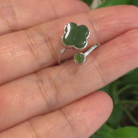 Baikalla™ Sterling Silver Real Green Nephrite Jade Lucky Four Leaf Clover Ring