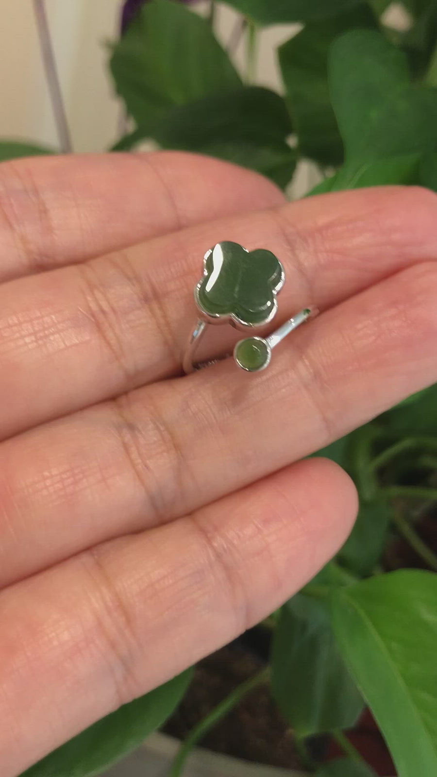 Baikalla™ Sterling Silver Real Green Nephrite Jade Lucky Four Leaf Clover Ring