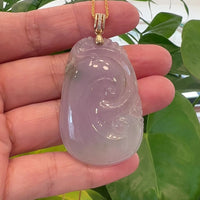 14k Yellow Gold Genuine Burmese Light Lavender Jadeite Happiness and Safety (Fu & Ping An) Pendant Necklace