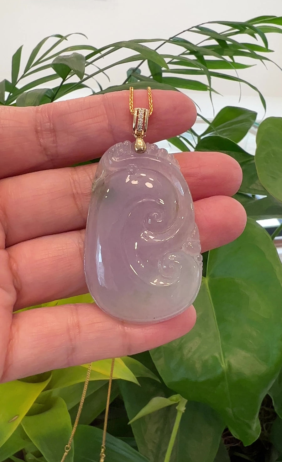 14k Yellow Gold Genuine Burmese Light Lavender Jadeite Happiness and Safety (Fu & Ping An) Pendant Necklace