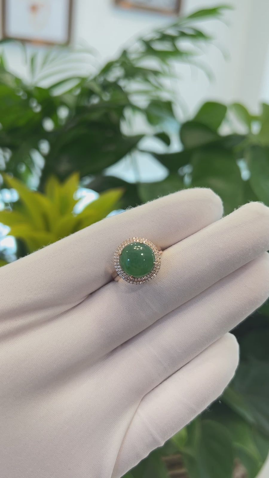 18k Rose Gold Natural Imperial Green Oval Jadeite Jade Engagement Ring With Diamonds