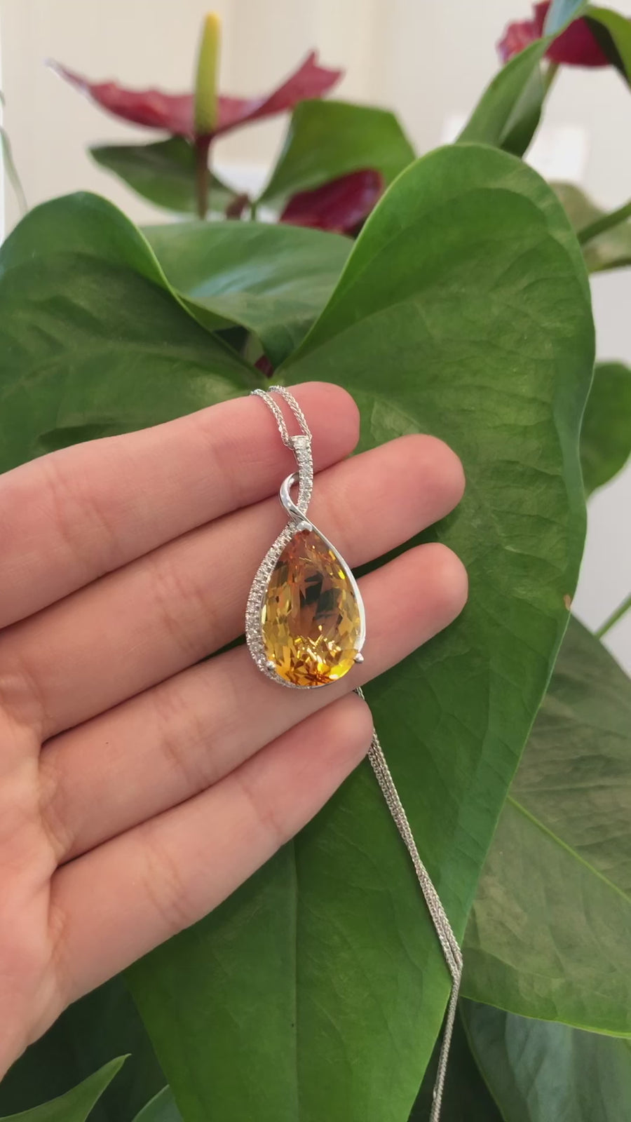 14k White Gold AAA Citrine Tear Drop Necklace with Diamonds