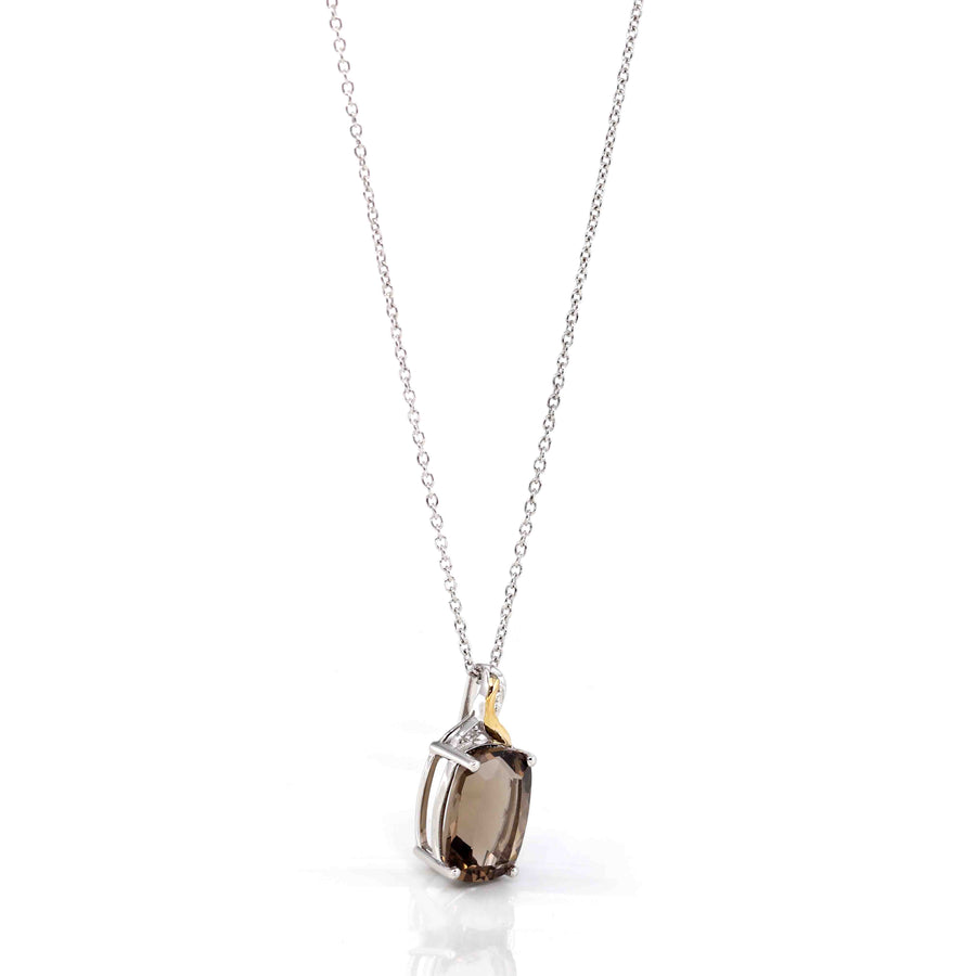 Baikalla Jewelry Silver Topaz Necklace Sterling Silver & 14k Yellow Gold Natural Smoky Quartz Pendant Necklace With CZ