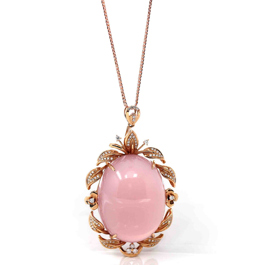 Baikalla Jewelry Gemstone Pendant Necklace 18k Rose Gold Royal Rose Quartz Pendant Necklace with Diamonds