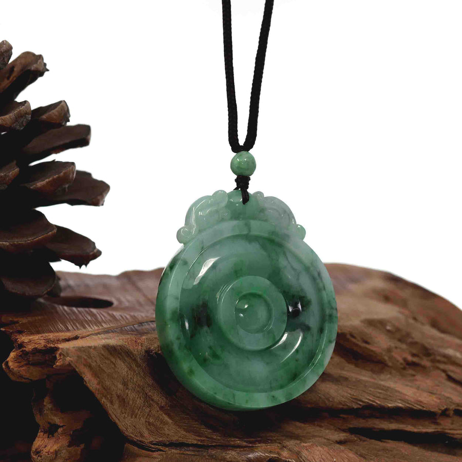 Baikalla Jewelry Jade Pendant Necklace Genuine Green Jadeite Jade "Good Luck Money Circle with Dragon Accent" Pendant Necklace With Real Jadeite Bead Necklace