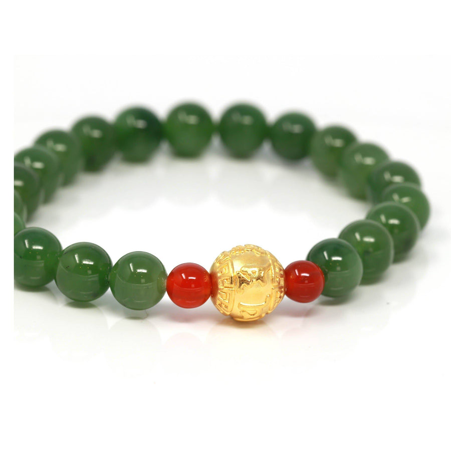 Baikalla Jewelry jade beads bracelet 6.5 inches 24K Pure Yellow Gold Buddha Symbol With Genuine Green Jade Round Beads Bracelet Bangle ( 8 mm )