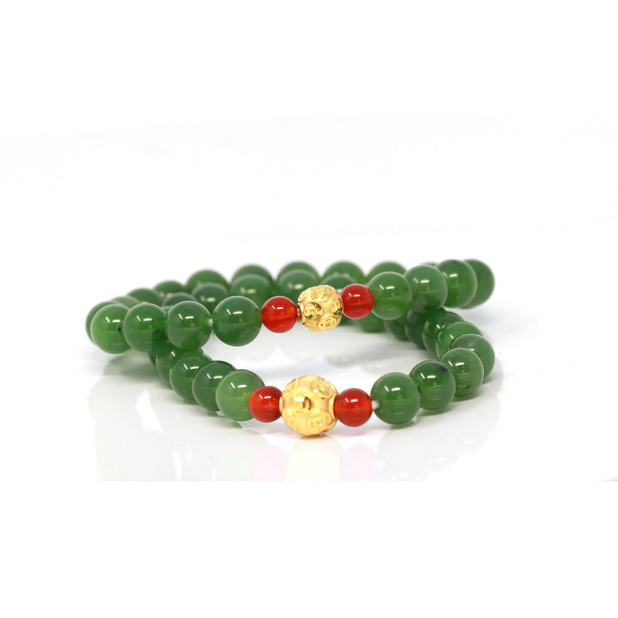 Baikalla Jewelry jade beads bracelet 6 inches / Money Bead S 24K Pure Yellow Gold Money Beads With Genuine Green Jade Round Beads Bracelet Bangle ( 8 mm )