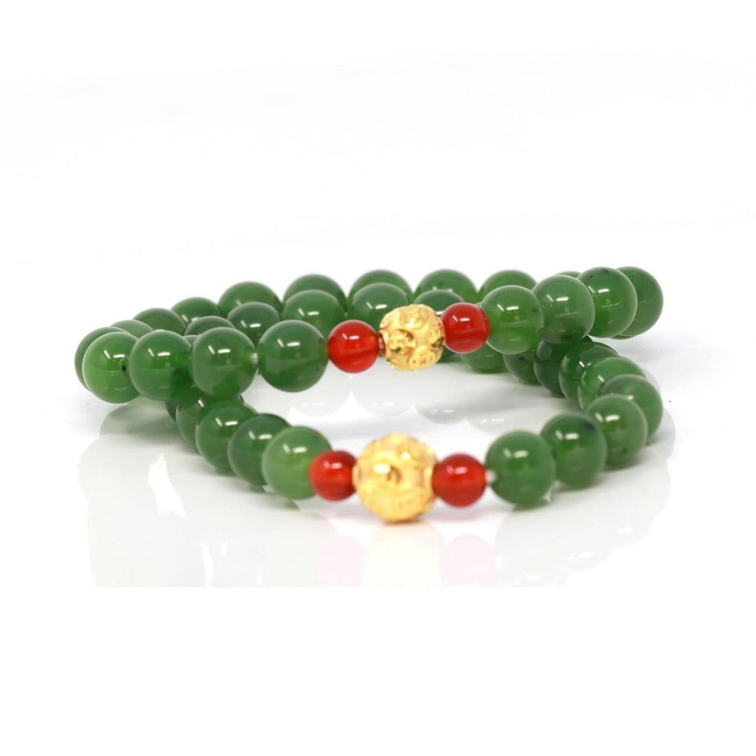 Baikalla Jewelry jade beads bracelet 24K Pure Yellow Gold Money Beads With Genuine Green Jade Round Beads Bracelet Bangle ( 8 mm )
