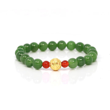 Baikalla Jewelry jade beads bracelet 24K Pure Yellow Gold Money Beads With Genuine Green Jade Round Beads Bracelet Bangle ( 8 mm )