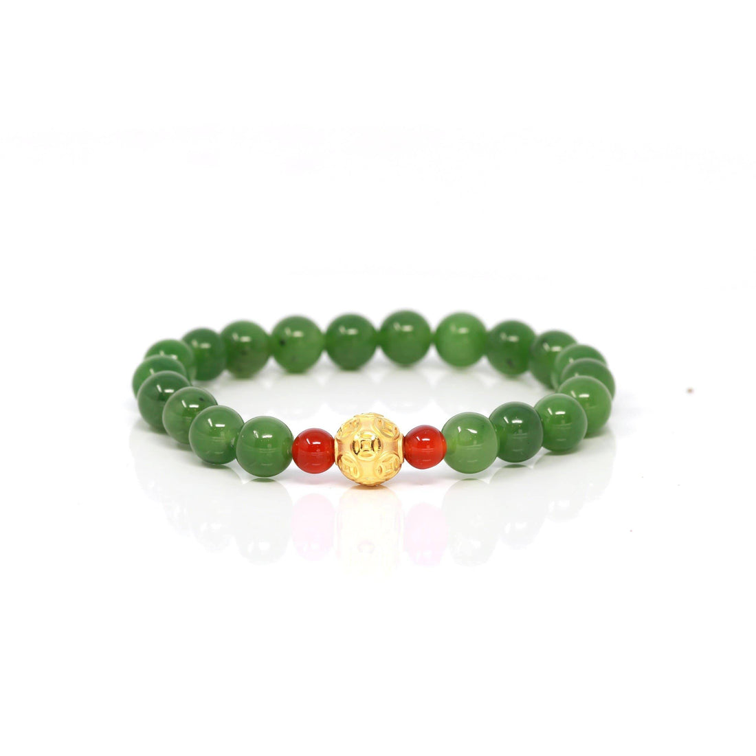 Baikalla Jewelry jade beads bracelet 24K Pure Yellow Gold Money Bead With Genuine Green Jade Round Beads Bracelet Bangle ( 8 mm )